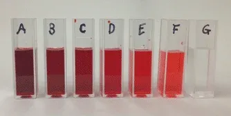 Photograph of a set of 9 standard solutions labeled A-G.