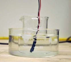 Photo shows a beaker in a water bath with a temperature probe.