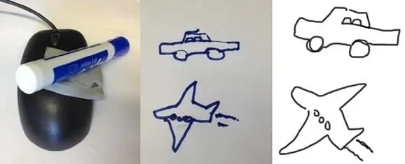 Three photos: A blue dry-erase marker attached to a computer mouse. A drawing of a car and an airplane created by using the marker/mouse. A drawing of a car and an airplane, created using a computer-based drawing program.