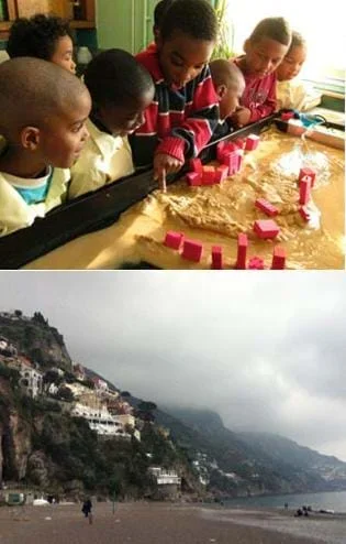 Two photographs: Seven young students stand along a sand-filled erosion table, noticing the flow of the water and which model buildings remain standing and which have collapsed due to erosion. A landscape view from a beach, looking up at a steep hillside loaded with buildings and some soil areas that have fallen away.