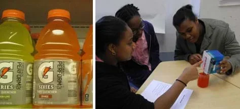 Two photos: Bottles of yellow and orange Gatorade sports drink on a grocery shelf. Three teens at a table watch as one holds a box with LED bulbs over a beaker of reddish liquid.