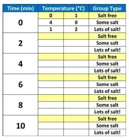 A table with column headings (time in minutes, temperature in °C, group type) and rows of 0, 2, 4, 6, 8, 10 minutes. The groups types are: salt-free, some salt and lots of salt! Temperature is recorded in multiple columns to accommodate data from a few groups of each group type.