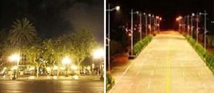 Two photos show examples of city street lighting. The "bad orientation" image shows bright glaring street lights causing alternating areas of high reflection and darkness. The "good orientation" image shows an evenly lighted route with light fixtures on poles directed downward (no bright glares).