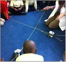 Students and an instructor gather on a blue rug where two robots travel along two yarn lines towards an intersection.