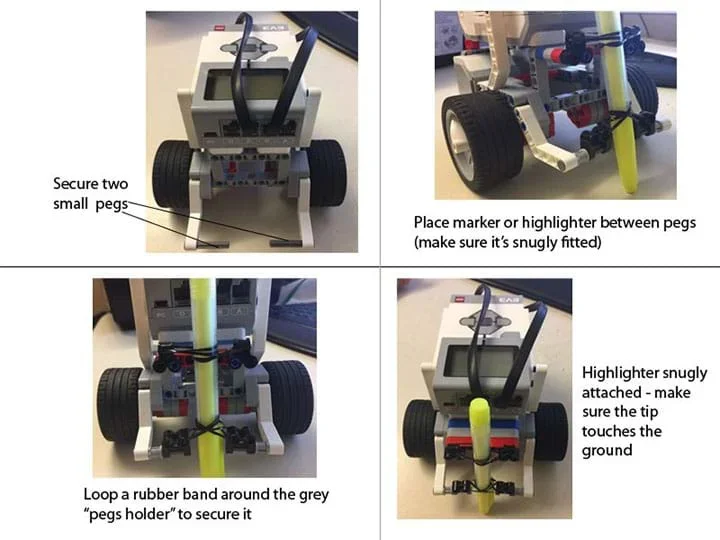 Four photos: Secure two small pegs. Place marker between pegs (make sure it's snugly fitted). Loop a rubber band (from kit) around the gray "pegs holder" to secure it. Now marker is snugly attached; make sure the tip touches the ground.