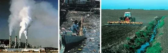 Three photographs show tall power plant towers spewing white clouds of exhaust, two boys floating in a small boat in Minimata Bay in Japan surrounded by water heavily laden with trash and debris, a tractor plowing a field in Iowa next to a small stream with no conservation buffers.