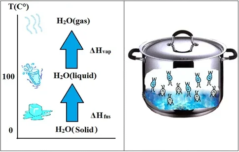 A diagram shows the three states of matter changing with increasing temperature, highlighting the change from solid (ice) to liquid (water) to gas (water vapor). An illustration of water molecules being heated in a metal pot.