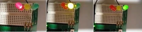 A sequence of three photos shows the order in which the LEDs turn on and off to simulate a traffic light.
