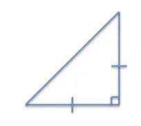 A line drawing of a right isosceles triangle with hash marks on two sides to denote the two equal-length sides.