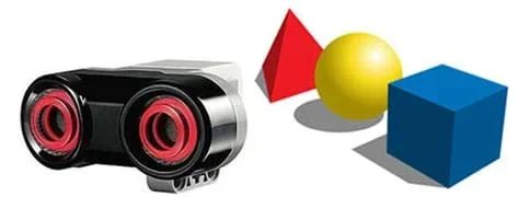 (left) A photograph shows a palm-sized device that has two round openings. (right) A drawing shows three shapes: red pyramid, yellow sphere, blue cube.