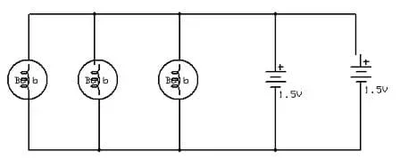 Circuit diagram shows connections for 3 bulbs wired in parallel to 2 batteries wired in parallel.