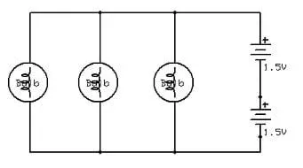 circuit diagram shows connections with 3 bulbs wired in parallel to 2 batteries wired in series.
