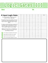 An image of a student worksheet titled “Logic Gates III” with a large table listing all 16 binary combinations of four input variables labeled A, B, C, and D. The table includes a blank column for students to determine and record the output. A checklist is provided to ensure students verify their design accuracy and use at least two types of logic gates. A large blank space is designated for students to draw their custom logic gate circuit.