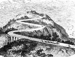 Pencil drawing of large mountain with winding road leading to summit.