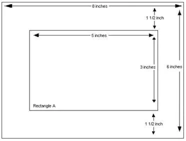 Diagram shows a 5 x 3 rectangle A cut out of the center of a 6 x 8 piece of cardboard.