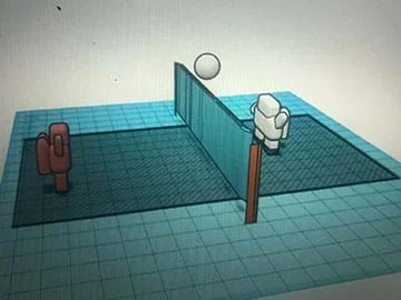 A screenshot of a design made in TinkerCad. There is a volleyball arena with a net and two players, one in each side. Each player has astronauts-kind suits with oxygen tanks.