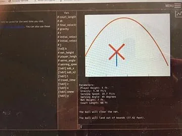 A screenshot of Octave. There is the code where the numbers were modified and the graph after running the code. The graph is a parabola crossing over the net and showing the place the ball fell after the serve.