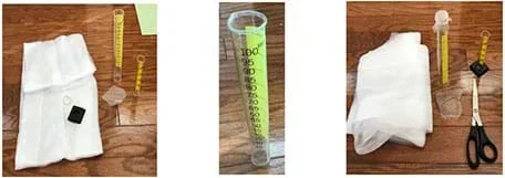 Left photo shows graduated cylinders with base, organza fabric, and a rubber band. Center photo is a close-up of a 100-ml graduated cylinder with the bottom cut out. Right photo shows a mock-up design with the bottom of a graduated cylinder covered with organza fabric held in place by a rubber band.