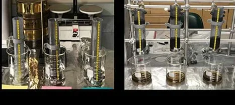 Left photo shows soil being saturated in water. Right photo shows water draining through the soils.
