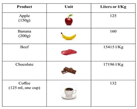 A table lists five food products (apple, banana, beef, chocolate, coffee) with the number of liters of water needed to produce each. For example, 150-g apple requires 125 liters of water, and a 200-g banana requires 160 liters of water.