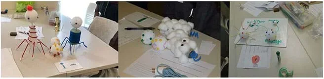 Three examples of student work are shown. Virus models are made out of foam, colored pipe cleaners, cotton balls, and colored pom-poms.