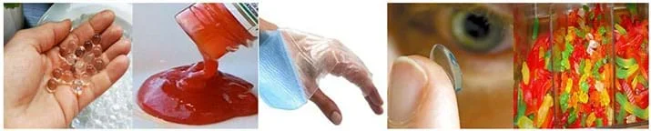 A composite of hydrogels in different forms; hydrobeads, ketchup, gel pad used for burn victims, contact lens, gummy bears.