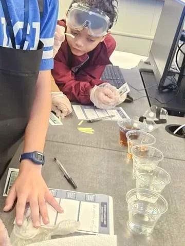A photo showing a student leaning over a table near testing cups.