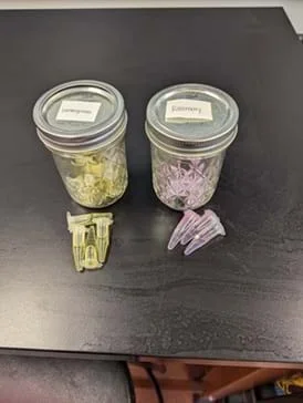 A photo of two glass jars with metal lids sitting on a black tabletop. Each jar lid is labeled. The jar on the left is labeled “Lemon yellow” and contains small yellow plastic clips. The jar on the right is labeled “Raspberry” and contains small pink plastic clips. In front of the jars are a few loose clips matching the colors in each jar—yellow clips on the left and pink clips on the right.
