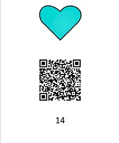 A graphic of a Word document with a teal clipart heart symbol, QR code, and the number 14, all vertically aligned.