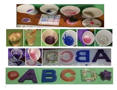 Steps of the procedure to make resin key rings. From top to bottom: materials laid out next to cups, cups with resin mixtures, pouring resin into molds, and completed resin products.