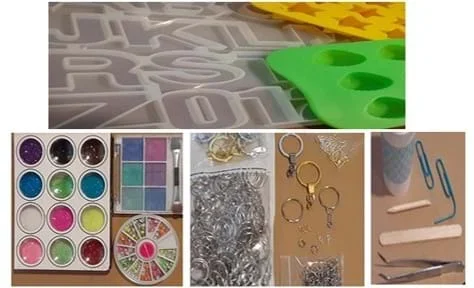 Supplies for making resin key chains are shown, including silicon alphabet molds, colorful glitter, hardware and hooks, and tweezers and paperclips.