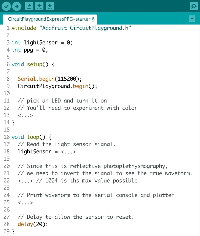 A screenshot shows the starter code for the light sensor pulse reader project including comments for students to follow.
