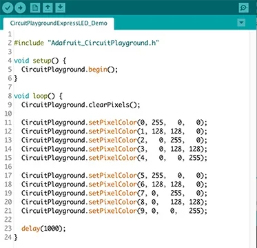 A screenshot shows computer code for changing the colors of the LEDs on a Circuit Playground.