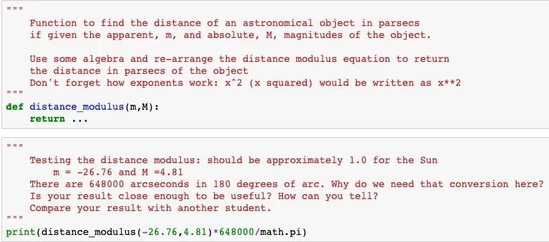 A screenshot shows code on a computer for determining stellar distances.
