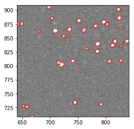 An image shows white stars, outlined in red on a dark grey background. The axes show pixel numbers for rows and columns.