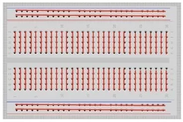 A top view of a breadboard with red lines added to show the location of metal bars that connect together holes in the same rows.