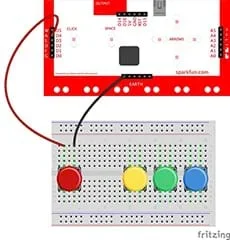 A wiring diagram shows a breadboard with four pushbuttons (red, yellow, green, blue) placed across its gap, and a MaKey MaKey. Two wires connect the red button to the MaKey MaKey: a red wire to D4 and a black wire to earth.