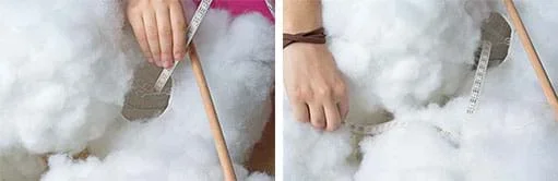 Two photographs. Two hands insert an LED strip into a white polyfil-covered paper lantern. A hand gently lays over the exterior polyfil an LED strip that emerges from the inside of the cloud lantern.