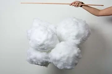 A photograph shows a hand holding a two-foot wooden dowel from which the fluffy white cloud light fixture structure (seen in Figure 4-right) is suspended.