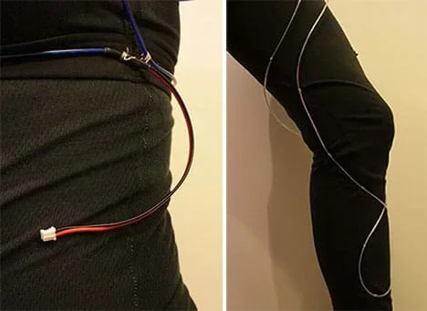 Two photographs show EL wire being sewn onto the clothes on a woman’s hip (left) and leg (right). On the hip, the sewing starts from the JST connector. On the leg, the wire loops in curves that go around the leg from calf to thigh.