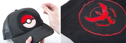 Two photographs. At left, a needle and thread being used to sew a Poke ball patch onto the front panel above the bill of a black baseball hat. On the right, a Moltress patch stitched onto a black shirt; the thick and tight zig-zag red-thread machine stitches created a dramatic outer circle around the Pokémon character.