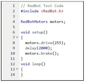 A screen capture shows 14 lines of code with the commented title: RedBot Test Code. This is the basic code for controlling the RedBot drive motors.