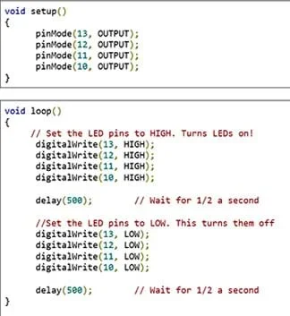 A screenshot shows the written code to make four LEDs blink. It uses void setup() and void loop() commands, as well as pinMode, digitalWrite and delay. The comments say: Set the LED pins to HIGH. Turn LEDs on! Wait for ½ a second. Set the LED pins to LOW. This turns them off. Wait for ½ a second.