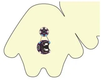 A diagram shows the LilyTiny board and battery holder in the center of one side of the monster template felt cutout (same as Figure 1) plus dashed lines showing the sewn circuit made with conductive thread stitches. Dashed red lines indicate the stitches that connect the positive pins; dashed black lines indicate the stitches that connect the positive pins.