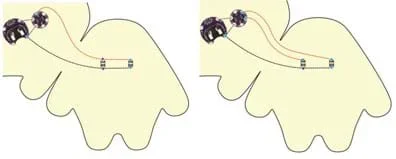 Two similar diagrams both show the positive (red) and negative (black) conductive thread stitching lines on the second half of the felt template that connect two monster eyeball LEDs to the LilyTiny circuit on the first half of the felt template. Details are provided in the accompanying text.