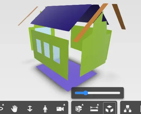 An image of a rendered energy model of the building. The model is a colorful stick frame model version of the small building, with different colors representing the different degrees of heat entering and leaving the structure.