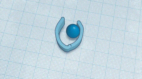 An illustration of a U-shaped structure with two curved shaped structures enclosing a sphere that releases out when one of the curved shaped structures opens like a door. This is a Tinkercad simulation.
