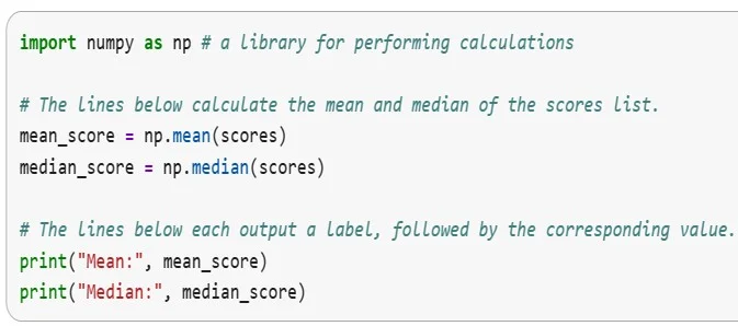 A screenshot of code showing a dataset of numerical values displayed alongside calculated mean and median values, illustrating how both measures represent the center differently.