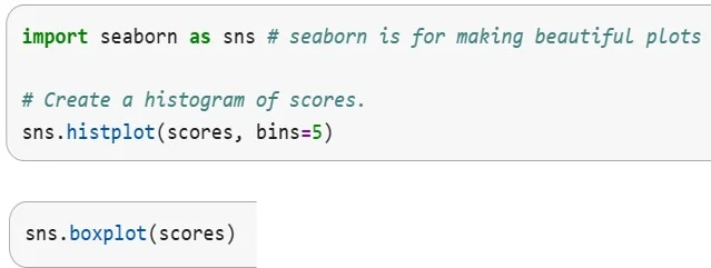 A screenshot of code to demonstrate that summary statistics are useful, but graphs help reveal the overall shape of the distribution. The notebook uses both a histogram and a boxplot to visualize the test scores.
