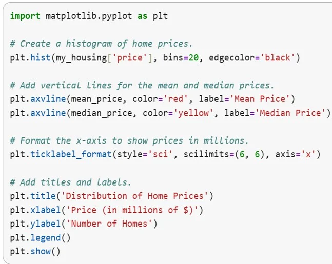 A screenshot of code demonstrating how graphs can be used to make skew visible and help students reason about typical, borderline, and atypical values. The notebook creates a histogram and adds vertical lines for the mean and median.